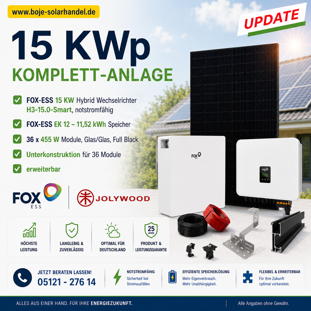PV Anlage 15 kWp - FoxESS 15 Smart + FOXESS EK 12 + 36 x 455 Ja Solar bifazial