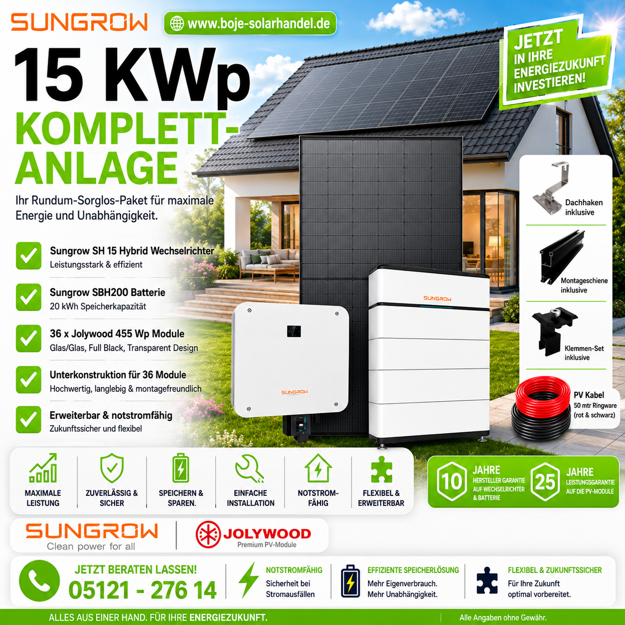 PV Anlage 15 kWp - Sungrow 15 KW Hybrid WR + Sungrow SBH200 - 20 kWh S