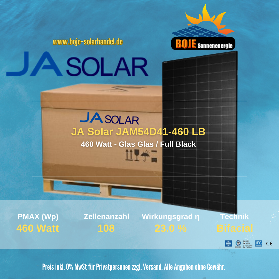 JA SOLAR JAM54D41-460/LB - 460 Watt Bifaciales Glas Glas - Full Black