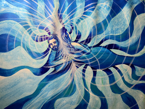 blue visionary painting of a hug