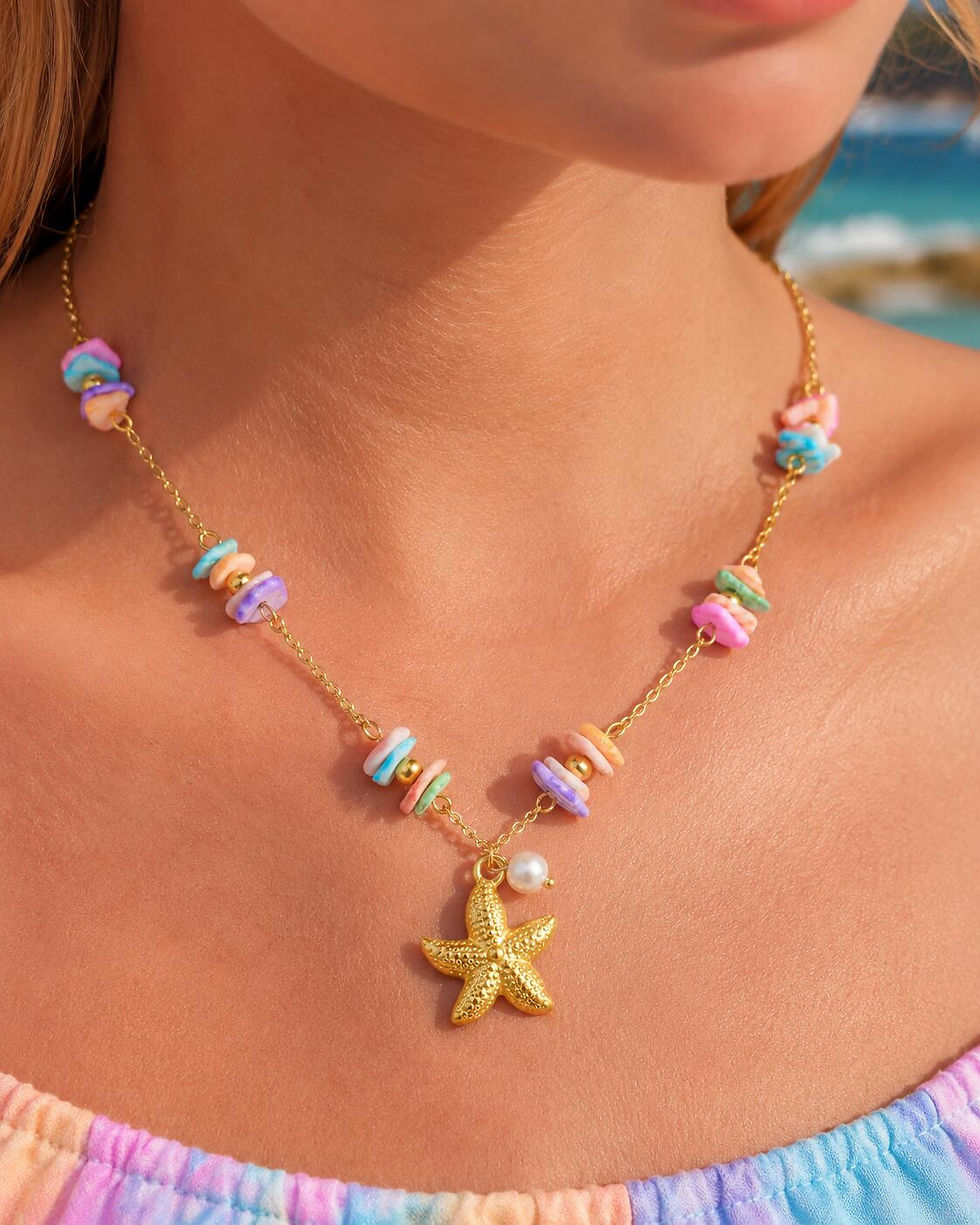 Thumbnail: 18K Gold Plated Pearl & Starfish Pendant Necklace