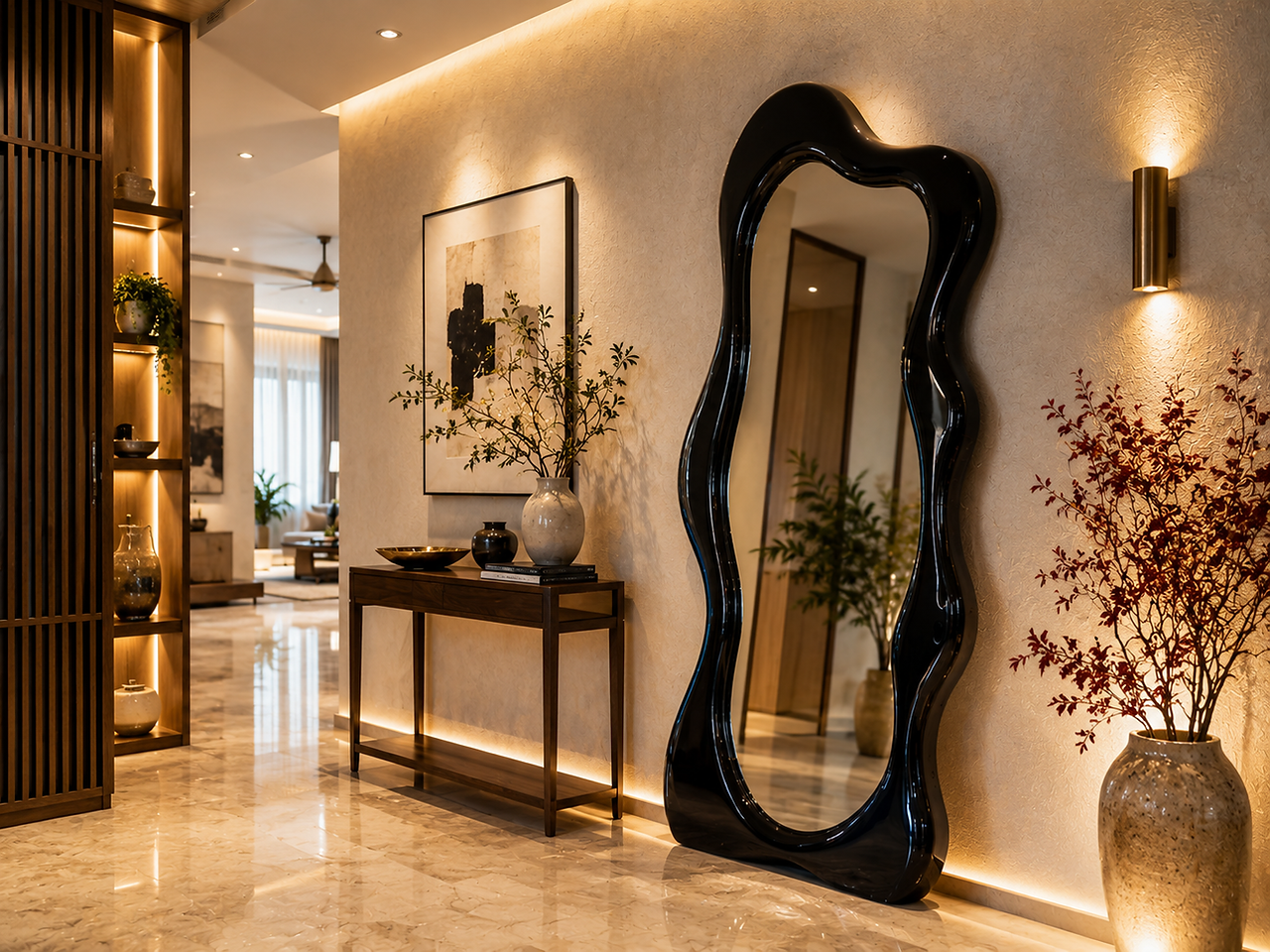 Luxury modern foyer interior with a sculptural black statement mirror, sleek console table, warm textured walls, ambient lighting, decorative vases, and elegant contemporary decor accents.