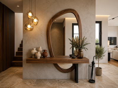 Modern contemporary foyer with a large organic-shaped wooden mirror, floating console shelf, warm pendant lighting, textured neutral walls, and elegant earthy decor accents.