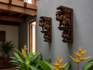 Traditional Indian-style courtyard wall decor with handcrafted wooden bracket sculptures, exposed wooden ceiling beams, tropical plants, and a warm earthy architectural aesthetic.