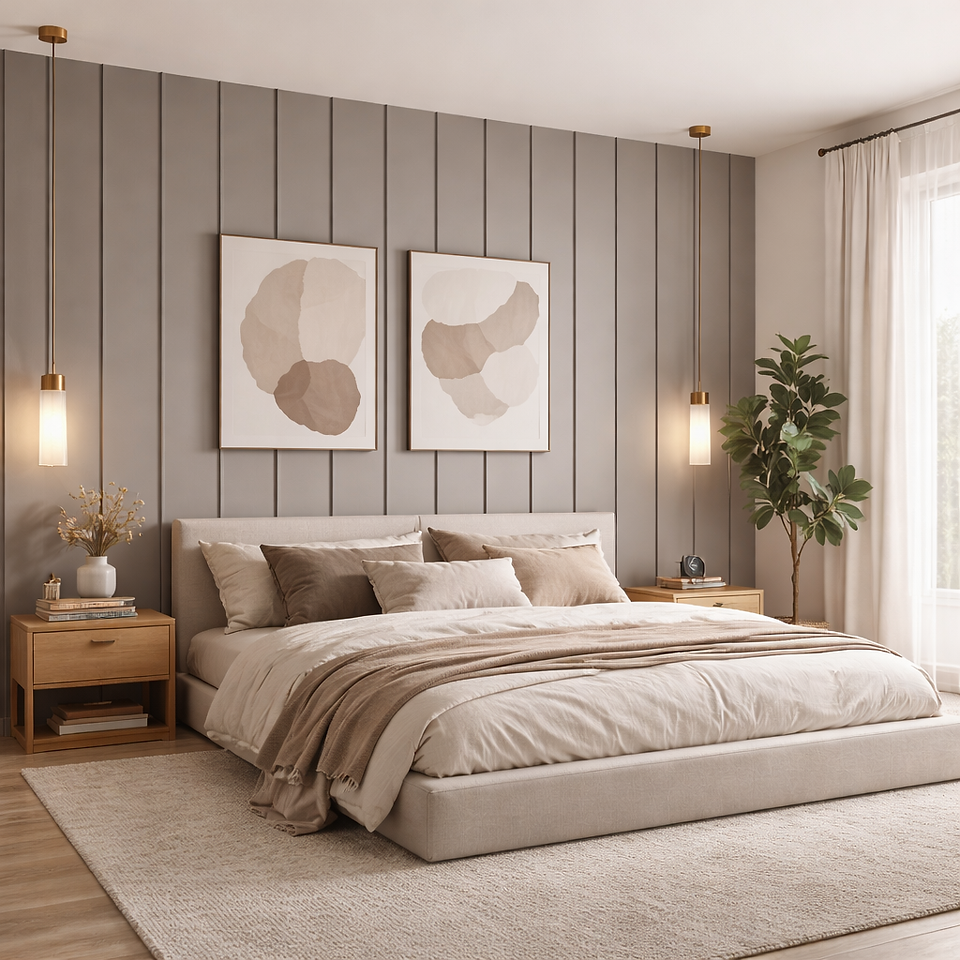 Elegant bedroom with a wood accent wall showcasing soft grey vertical panelling behind a modern bed and bedside lighting.