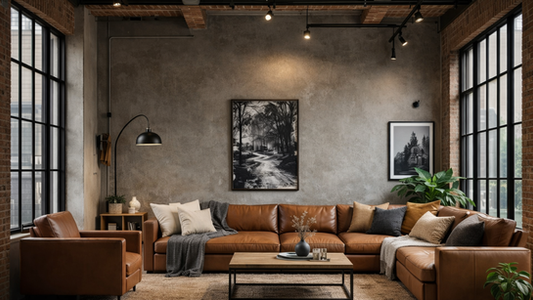 Industrial living room with concrete wall, brown leather sofa, metal accents, large windows, and warm ambient lighting