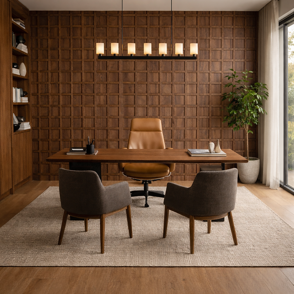 Sophisticated home office with a veneer accent wall featuring geometric panel detailing in rich wood tones behind a contemporary desk.