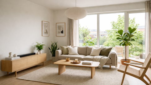 Scandinavian living room with light wood furniture, white palette, indoor plants, and bright airy design