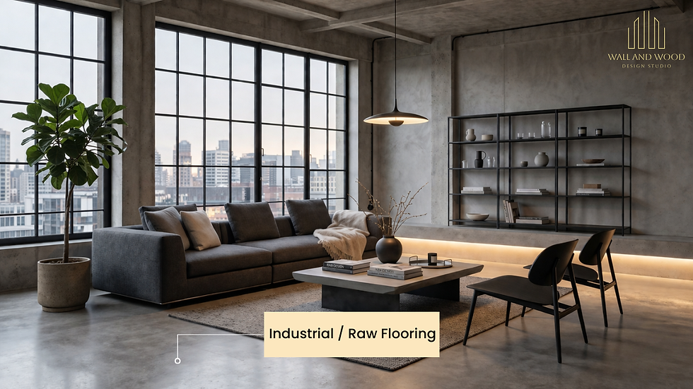 Modern living room with gray sofa, shelves, and plant. Large windows offer city view. Text reads "Industrial / Raw Flooring."