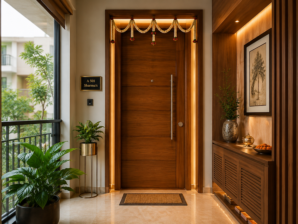 Warm apartment foyer with wooden door, marigold garland, plants, and sign reading A 501 Sharma's beside a window.