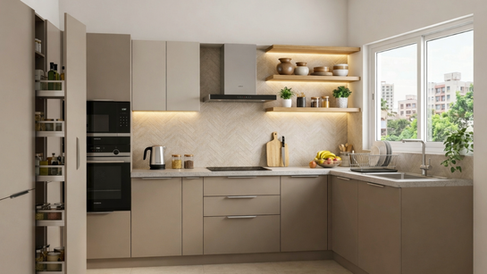 Modern kitchen with neutral tones, matte finish cabinets, clean lines, and minimal design in a Bangalore apartment