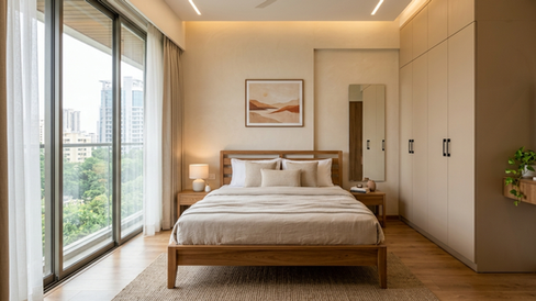 Modern bedroom with simple wooden bed, neutral colour palette, built-in wardrobe, and soft ambient lighting