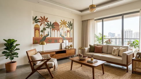 Contemporary living room with wall mural, statement lighting, modern furniture, and neutral tones in a Bangalore apartment
