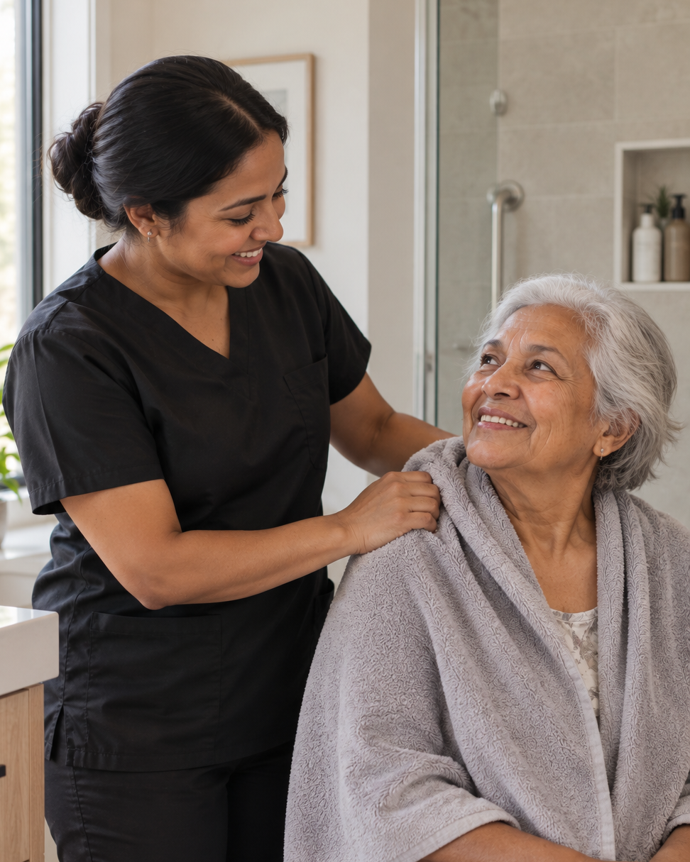 Personal Support Worker helping an older woman with personal care and daily routines at home.