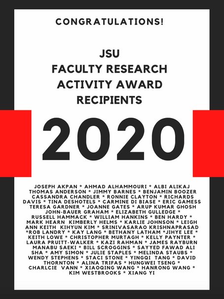 April 2020 - Dr. Wang received the 2020 JSU Annual Faculty Research Activity Award 