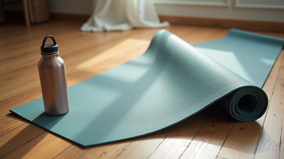 High angle view of a yoga mat and water bottle on a wooden floor