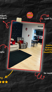 Colorful promo image showcasing a Marvel-themed vacation rental in Amarillo, TX with notes on its wall lighting, uniqueness, and 5-star guest reviews from Epic Themed Rentals.