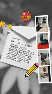A letter from a child asking parents to book a Marvel-themed vacation rental, shown alongside interior photos of the superhero-themed home in Amarillo, Texas by Epic Themed Rentals.