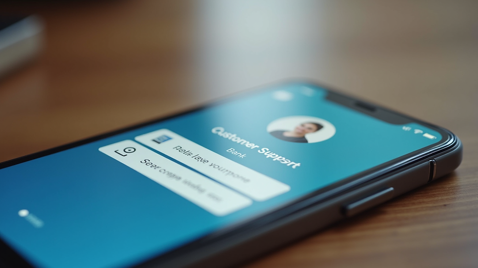 Close-up view of a smartphone displaying a bank app with customer support options