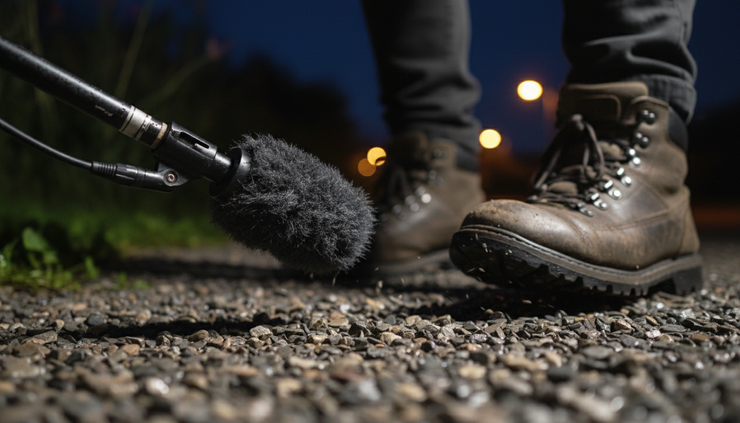 Close-up view of a boom microphone capturing footsteps on a gravel path