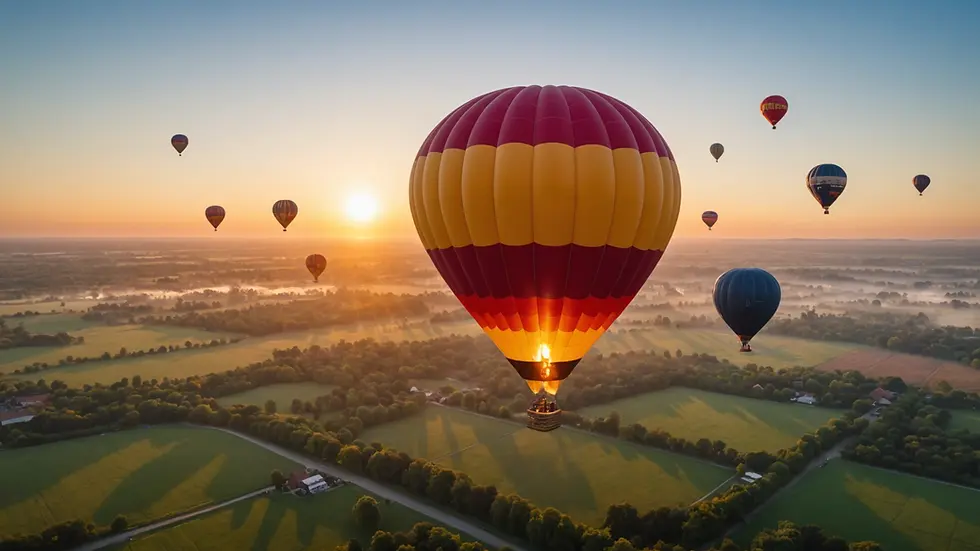 Wide angle view of vibrant hot air balloon filling up at sunrise