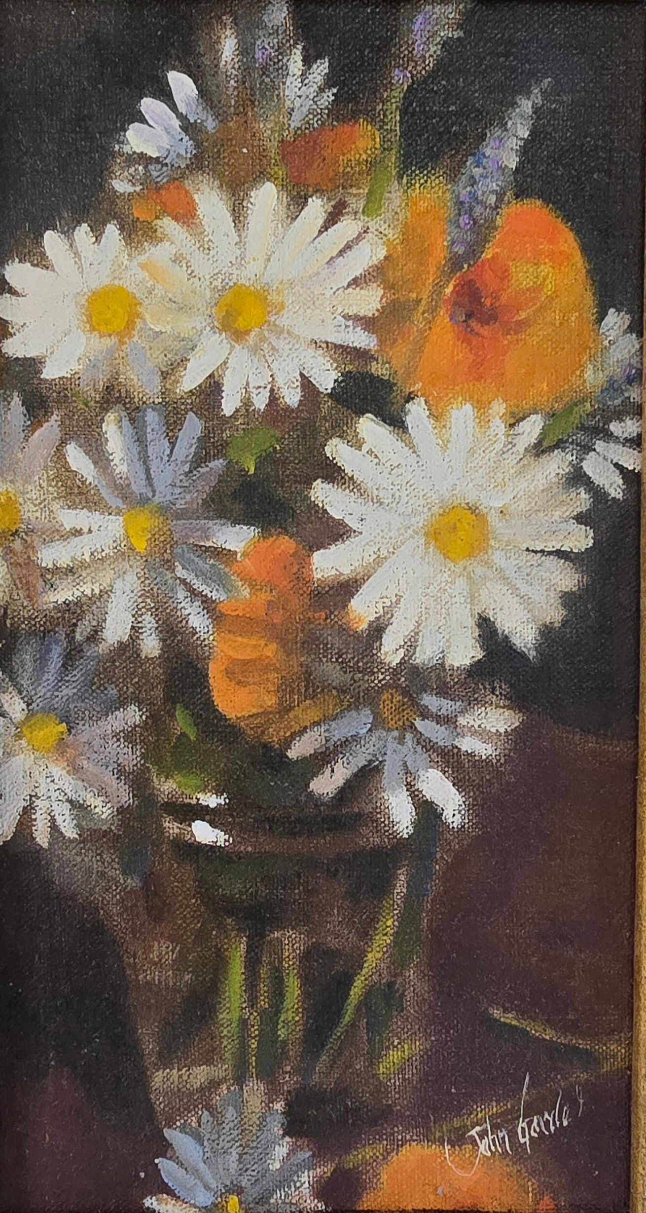 Original floral still life oil painting by John Garde depicting white daisies arranged in a glass jar.
