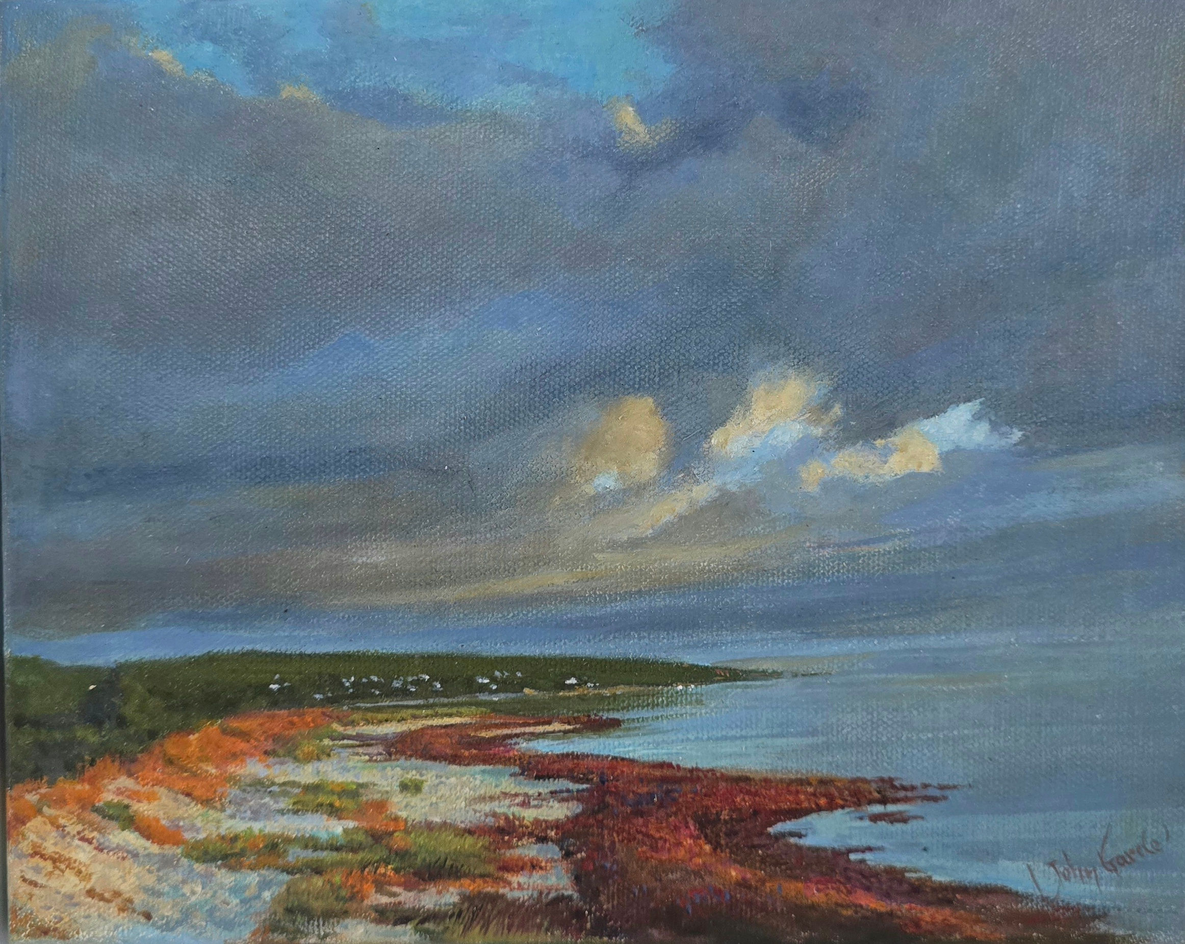 Original oil painting by John Garde depicting the Quindalup coastline beneath dramatic winter clouds in Western Australia.