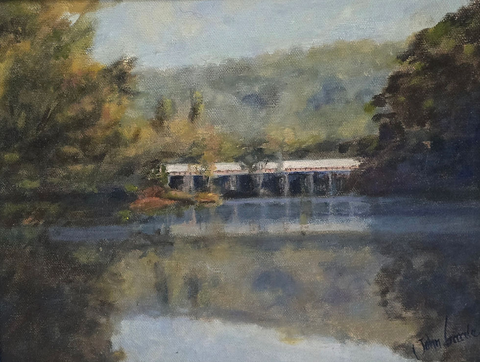 Original oil painting by John Garde depicting reflections on calm water near Bridgetown, Western Australia.