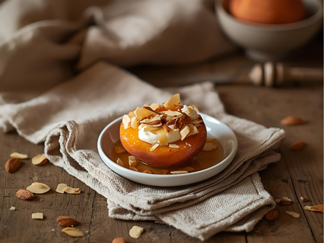 Halve warme perzik gevuld met ricotta, honing en goudbruine amandelschilfers op wit bord in zacht daglicht.