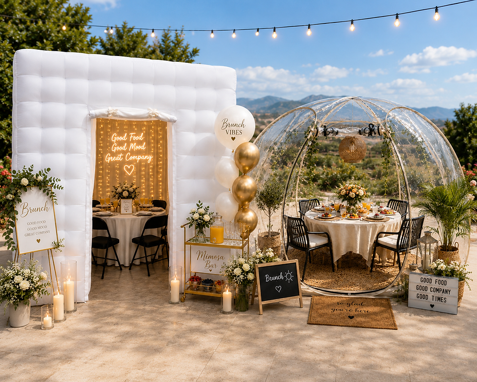 Outdoor luxury event with inflatable tent and dome tent.