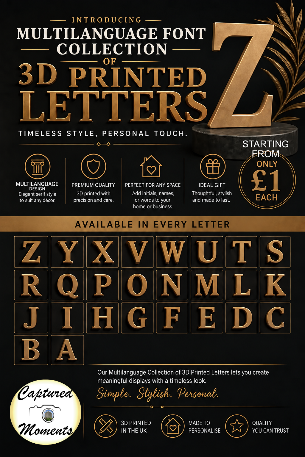 3D Printed Letter Capitals- Multilanguage Font