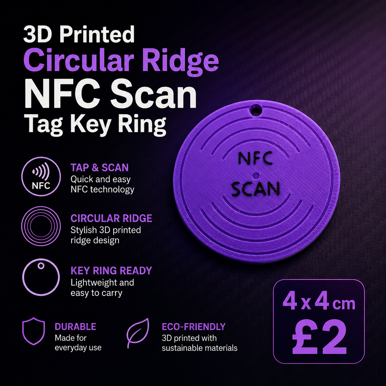 3D Printed Circular Ridge Design NFC Scan Tag Key Ring