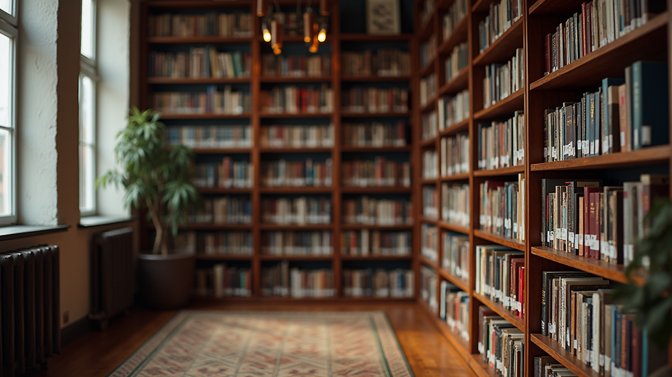 Eye-level view of an inviting corner library filled with books in various languages