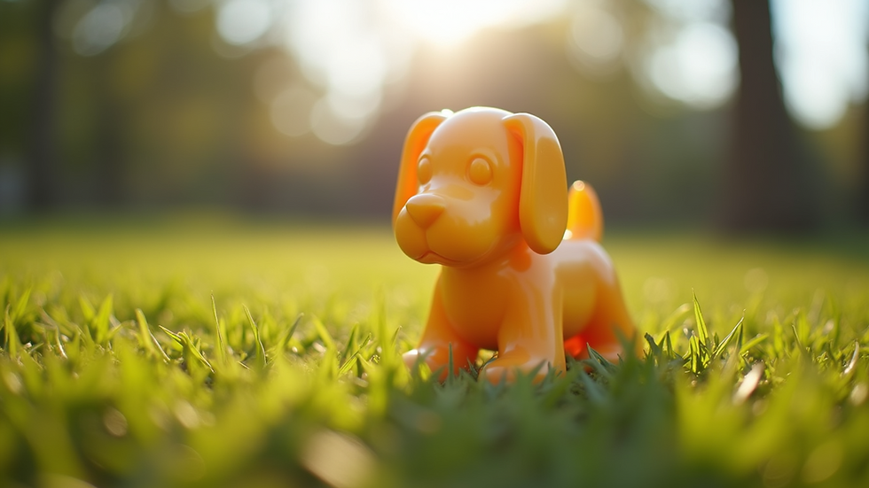 Eye-level view of natural rubber dog toy in an outdoor setting