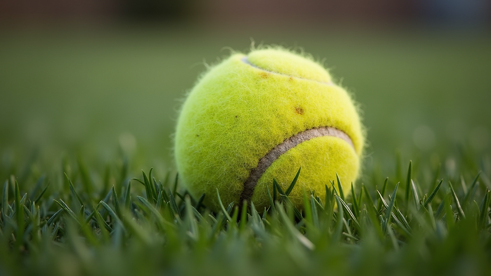 Close-up view of a worn tennis ball lying on grass