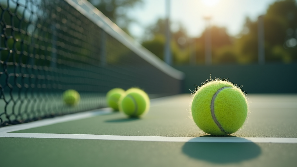 Eye-level view of a tennis court with discarded tennis balls