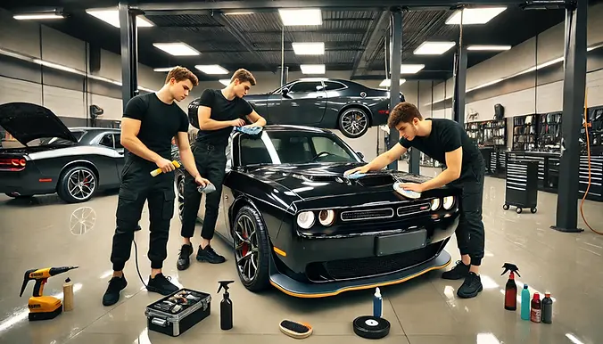 DALL·E 2024-07-24 03.25.50 - Three young men in their 20s detailing a Dodge Challenger in