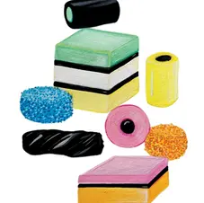 A lolly and candy painting depicts 8 pieces of all sorts licorice in pink, orange, green and black gouache paint