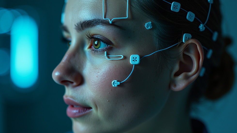 Close-up view of a high-density EEG setup with electrodes on a patient's scalp