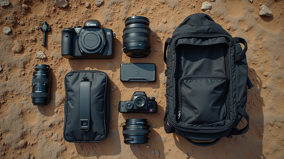 High angle view of off-road gear laid out on a rugged surface