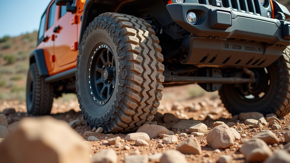 Close-up view of Jeep tires gripping rocky terrain on a Texas trail
