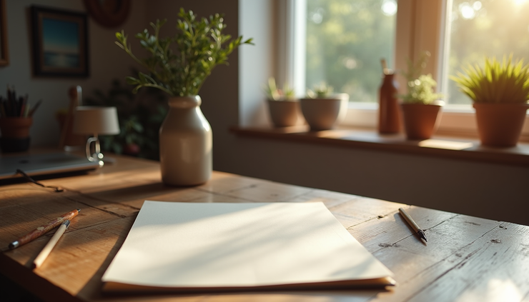 Eye-level view of a cozy corner with art supplies and a sketchbook on a wooden table