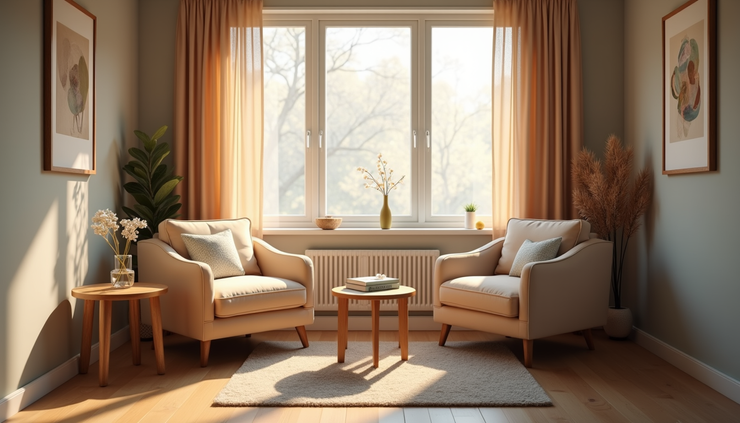 Eye-level view of a serene room with comfortable chairs arranged for a therapy session