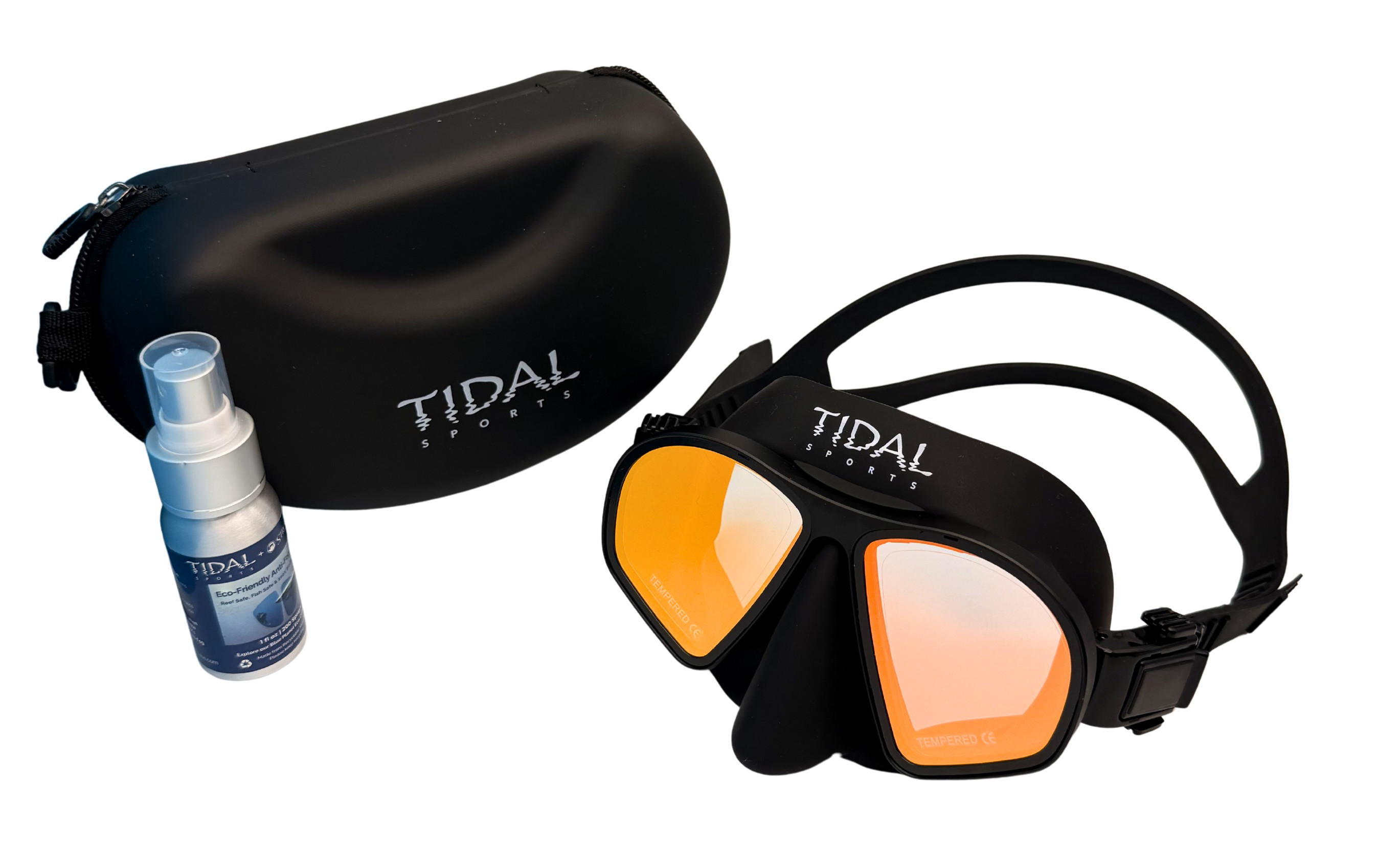 Tidal Mask with Travel Case and Reef Safe Anti-Fog Spray and Lens Cleaner.