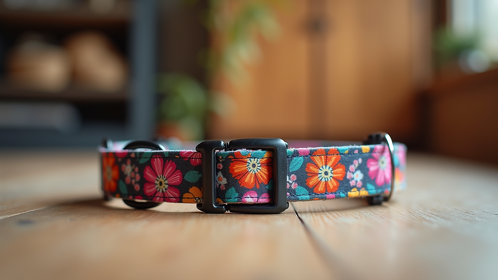 Eye-level view of a colorful handmade pet collar with floral patterns