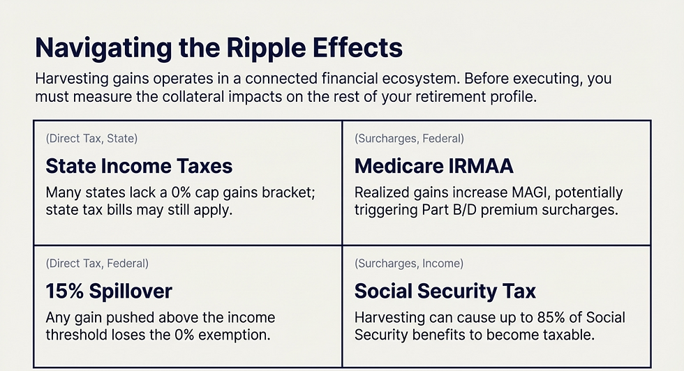 A two-by-two matrix detailing the secondary impacts of gain harvesting. The key insight is that realizing tax-free federal gains can still trigger hidden costs, such as increased Medicare IRMAA surcharges, state income taxes, and the taxation of Social Security benefits.