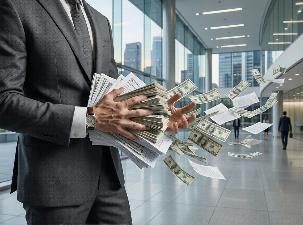 A hyper-realistic image of a professional in a suit struggling to hold onto dollar bills and tax documents as a strong headwind blows them out of their hands. This visual represents the destructive force of "tax drag"—where hidden taxes from unmanaged RSU vests and trading blackouts silently strip away wealth—highlighting the critical need for proactive personal financial planning to protect and optimize equity compensation.