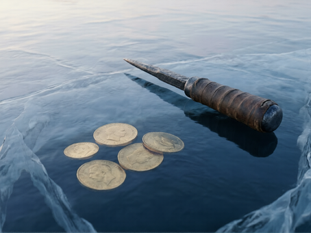 A photorealistic image of gold coins frozen just out of reach beneath a thick layer of winter ice, with a heavy iron ice pick resting on the surface. This visually represents the financial planning challenge of managing illiquid company stock options. The key wealth-management insight is that forcing an early exercise (breaking the ice) requires risky out-of-pocket capital, whereas working with a financial advisor to patiently time a cashless exercise during a true liquidity event allows professionals to safely harvest their equity without draining their personal cash reserves.