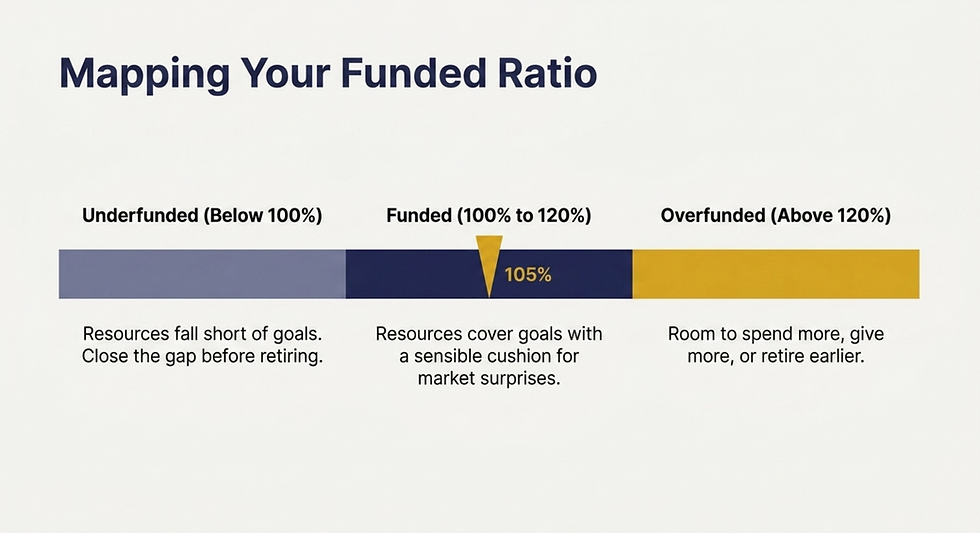 Funded ratio map with three bands, underfunded below 100 percent where resources fall short, funded from 100 to 120 percent where resources cover goals with a cushion, and overfunded above 120 percent with room to spend or give more, with a pointer at 105 percent.