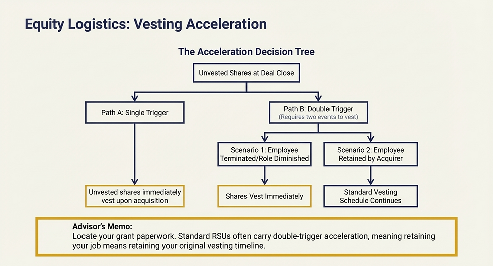 Decision tree flowchart explaining how a change of control event triggers stock option vesting acceleration. The financial planning insight breaks down the crucial difference between single-trigger acceleration upon the acquisition close versus double-trigger acceleration requiring employment termination, guiding tech employees in accurately forecasting their vested equity timeline.